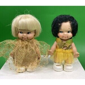 Lot of 2 Vintage Pee Wee Uneeda Small Dolls 1965 3.5" w Outfits and Shoes